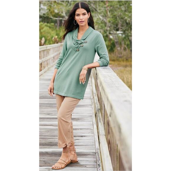 NWT Soft Surroundings Pants Straight Releaxed Ankle Crop Roll Tab Sesame Khaki M - Picture 1 of 9